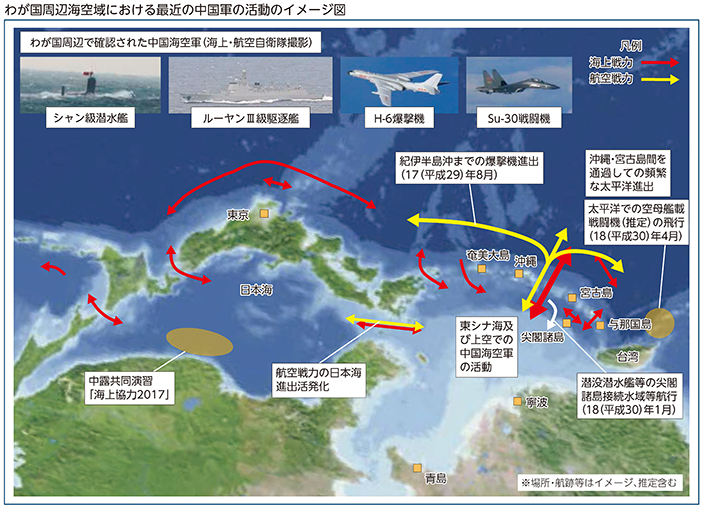 わが国周辺海空域における最近の中国軍の活動のイメージ図