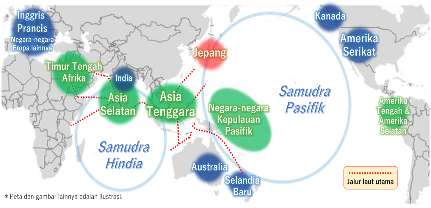 Pengembangan Visi Indo-Pasifik Bebas dan Terbuka Terlihat pada Peta Dunia
