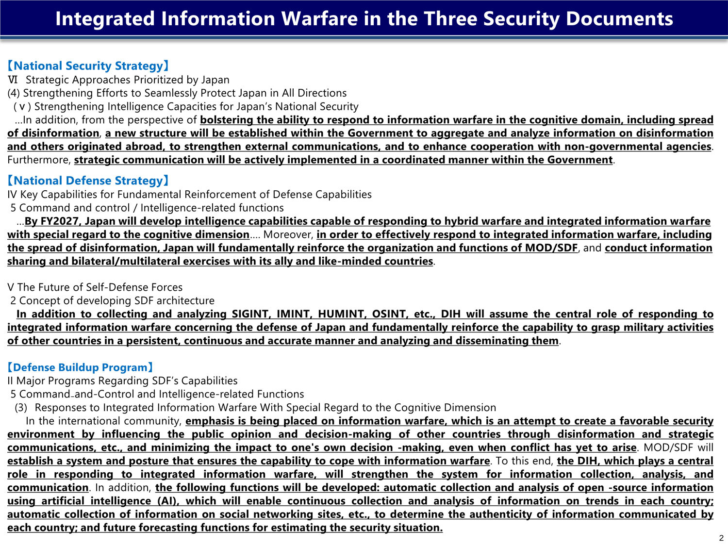 Integrated Information Warfare in the Three Security Documents