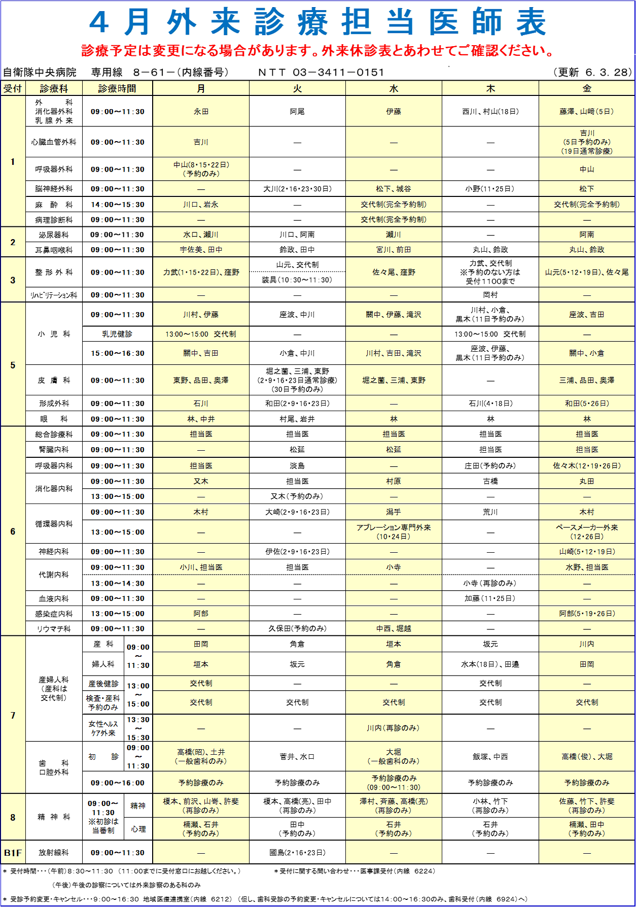 今月の外来担当医一覧表 