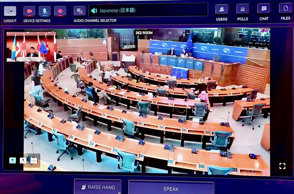 岸大臣によるオンライン形式での欧州議会におけるスピーチの様子