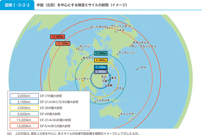 図表I-3-2-2　中国（北京）を中心とする弾道ミサイルの射程（イメージ）