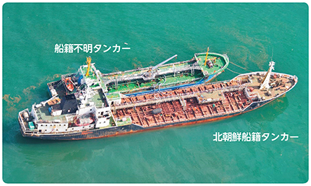 東シナ海公海上で護衛艦「うみぎり」が確認した国連安保理決議で禁止されている北朝鮮船籍船舶との洋上での船舶間の物資の積替え（いわゆる「瀬取り」）と強く疑われる行為の様子（18（平成30）年5月）