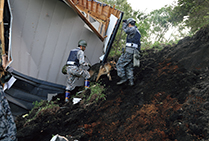 平成30年北海道胆振東部地震において、警備犬を活用し捜索活動を行う空自隊員（18（平成30）年9月）