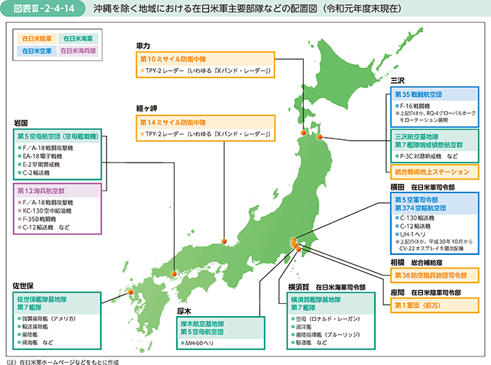 図表III-2-4-14　沖縄を除く地域における在日米軍主要部隊などの配置図（令和元年度末現在）