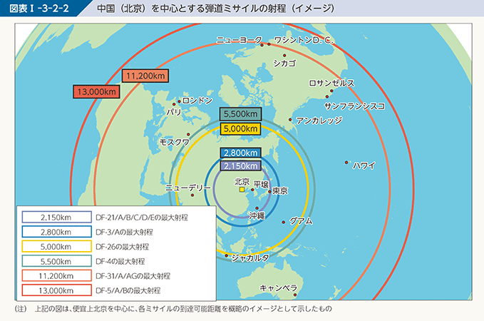 図表I-3-2-2　中国（北京）を中心とする弾道ミサイルの射程（イメージ）