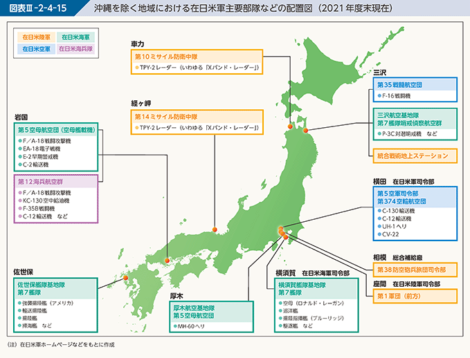 図表III-2-4-15 沖縄を除く地域における在日米軍主要部隊などの配置図(2021年度末現在)