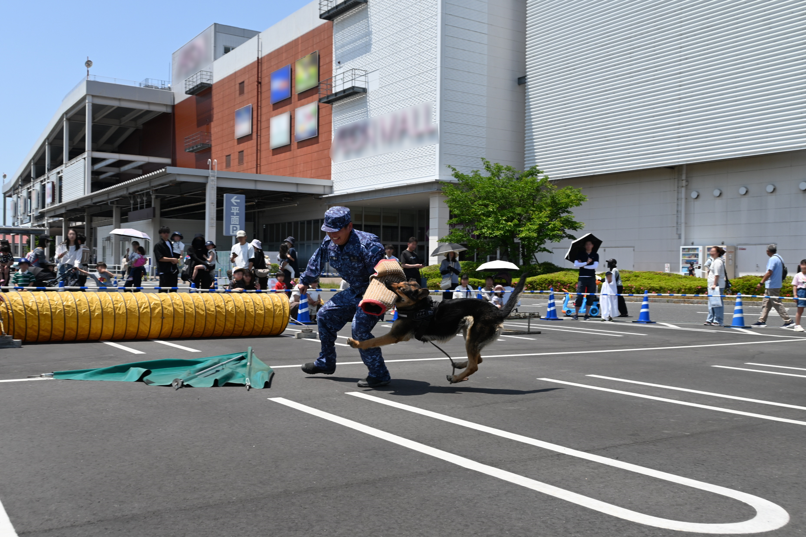 不審者役の隊員に激しく抵抗されても放しません