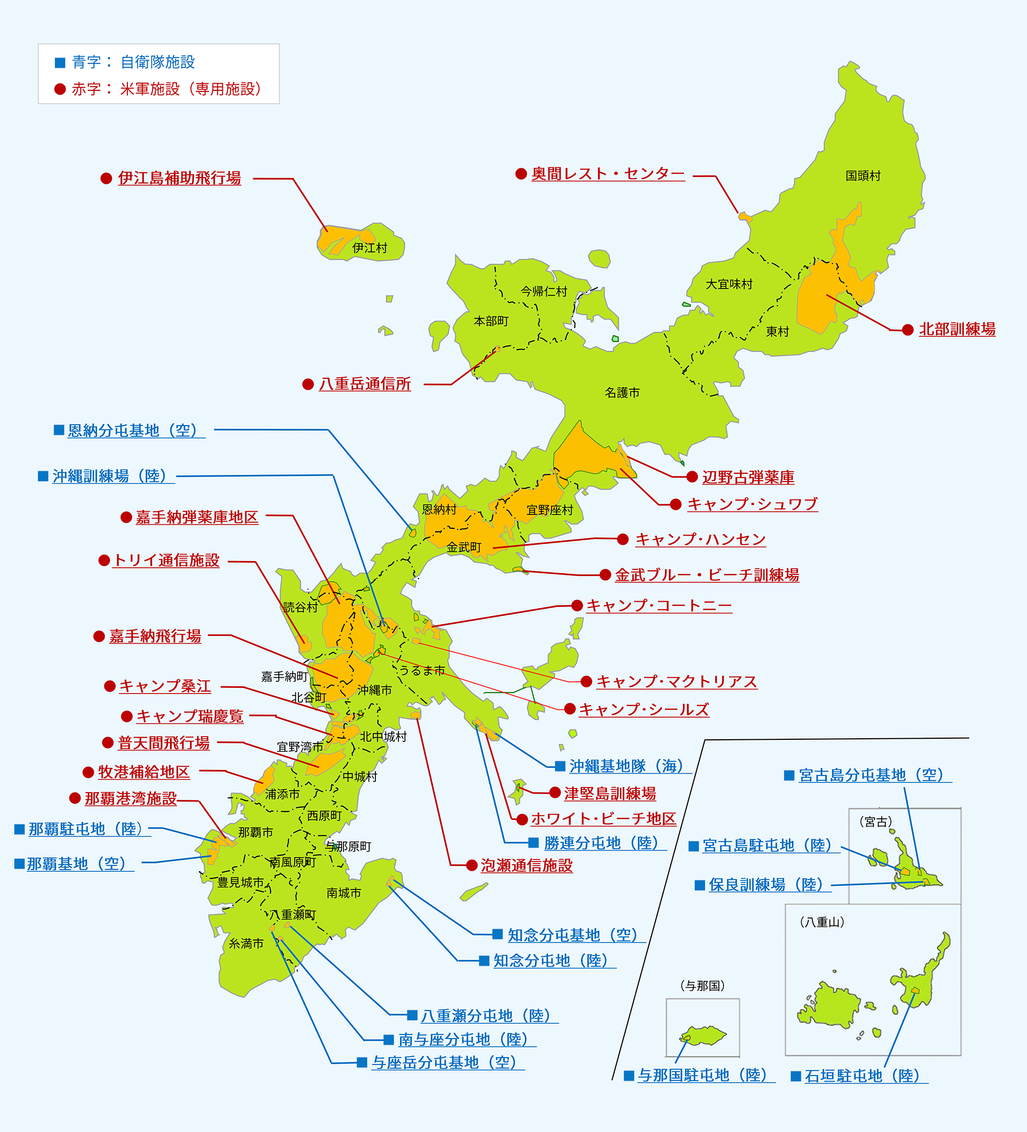 沖縄防衛局管内における自衛隊施設と米軍施設（専用施設）を示した図