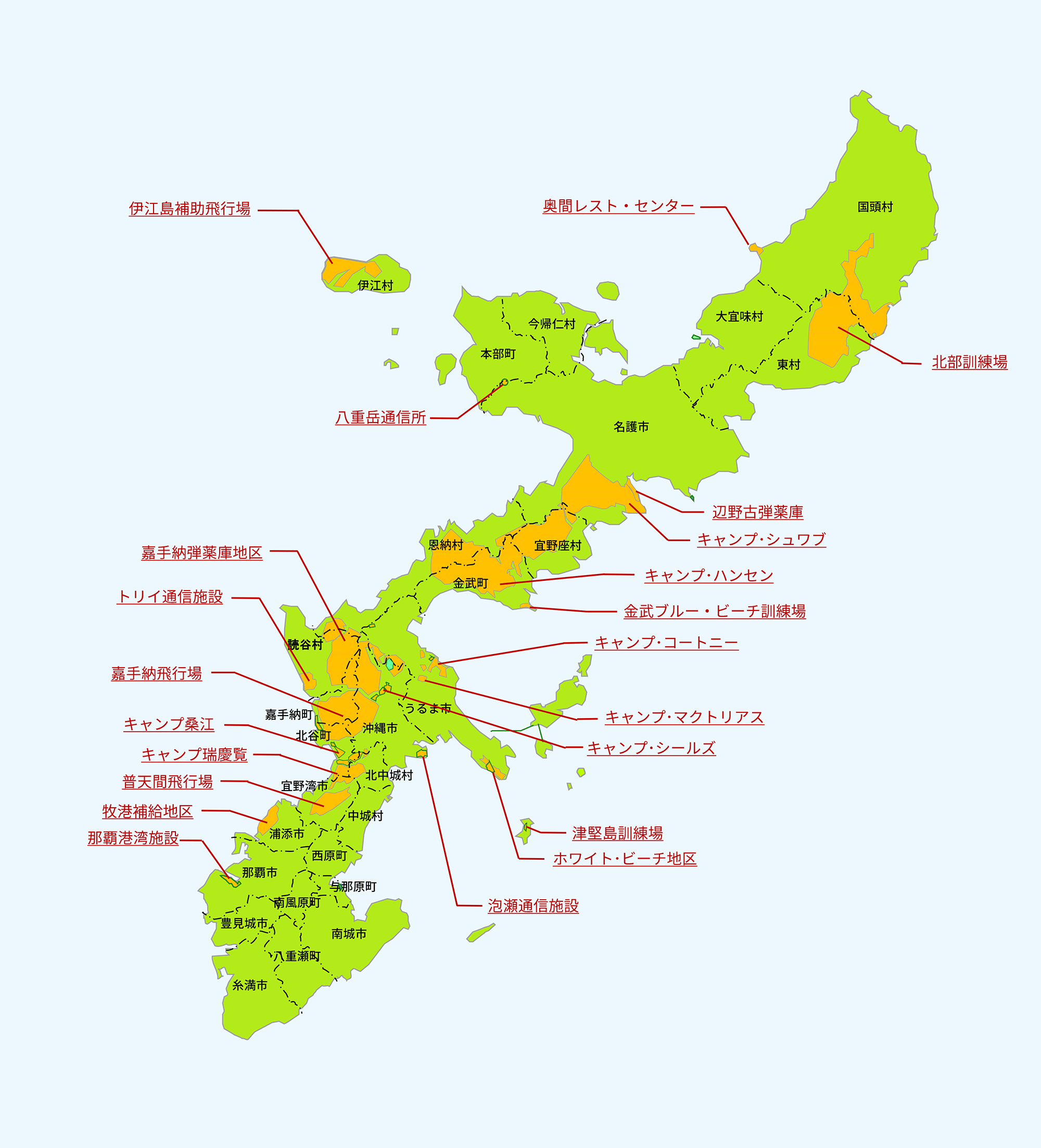 沖縄防衛局管内における在日米軍施設・区域（専用施設）を表した図