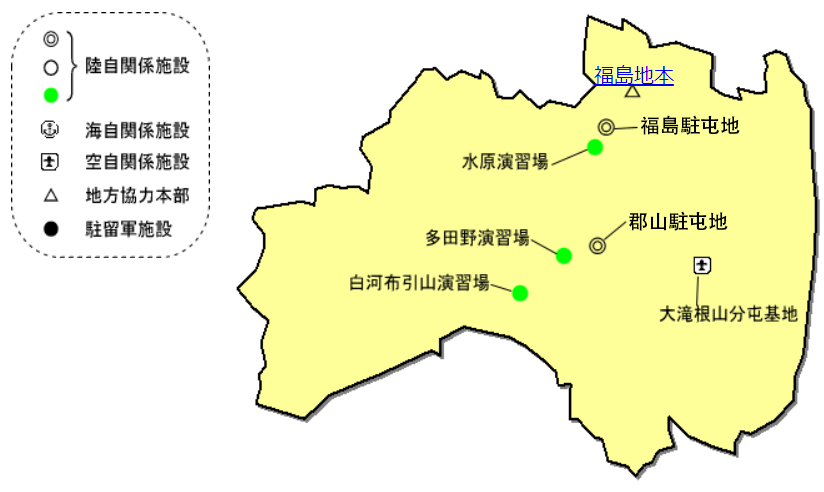東北防衛局管内における自衛隊施設と米軍施設（専用施設）を示した図