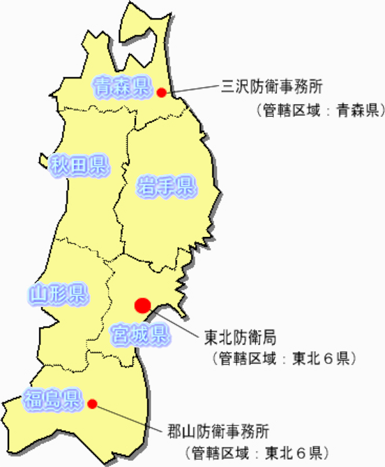 東北防衛局管内における自衛隊施設と米軍施設（専用施設）を示した図