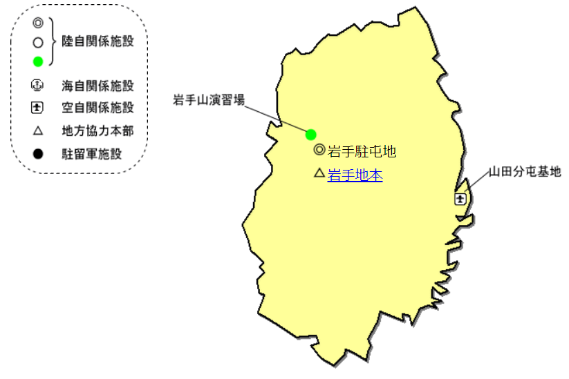 東北防衛局管内における自衛隊施設と米軍施設（専用施設）を示した図