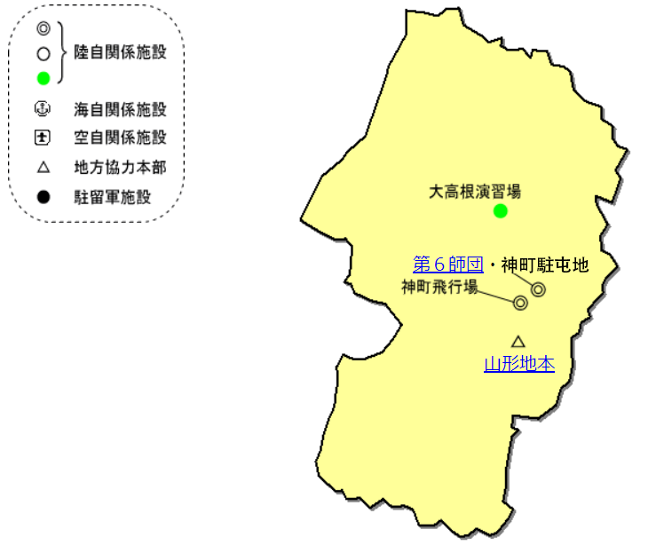 東北防衛局管内における自衛隊施設と米軍施設（専用施設）を示した図